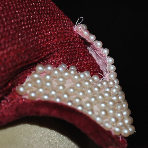 For Repair Vintage 1950\'s Christine Original Burgundy Straw Hat with Pearl Beads main image 10